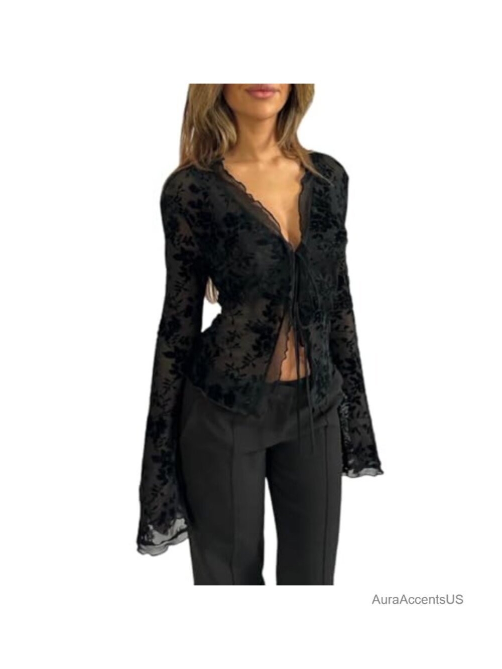 Sheer Mesh Leopard Print Crop Top Deep V Neck Long Flare Sleeve Tee
